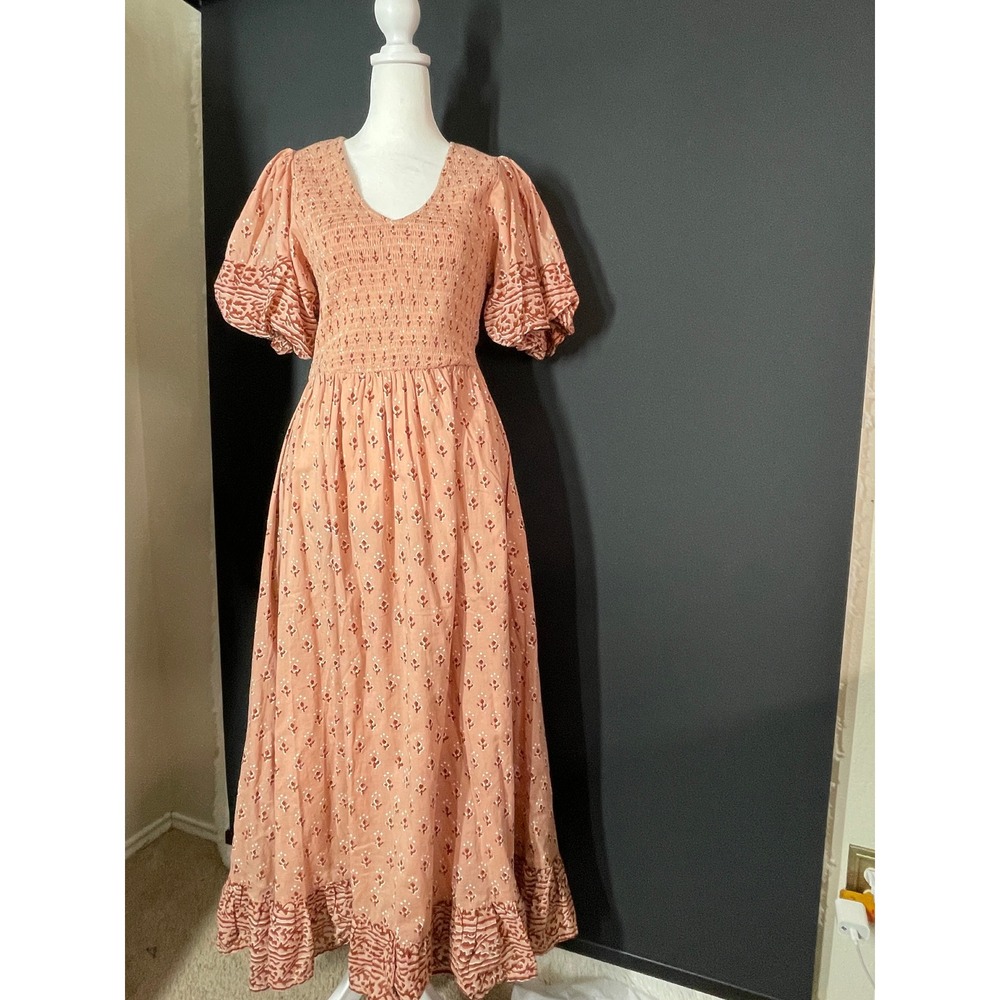 Cleobella Pink Cottagecore Maxi Boho Organic Cotton Dress Small Garden Smocked